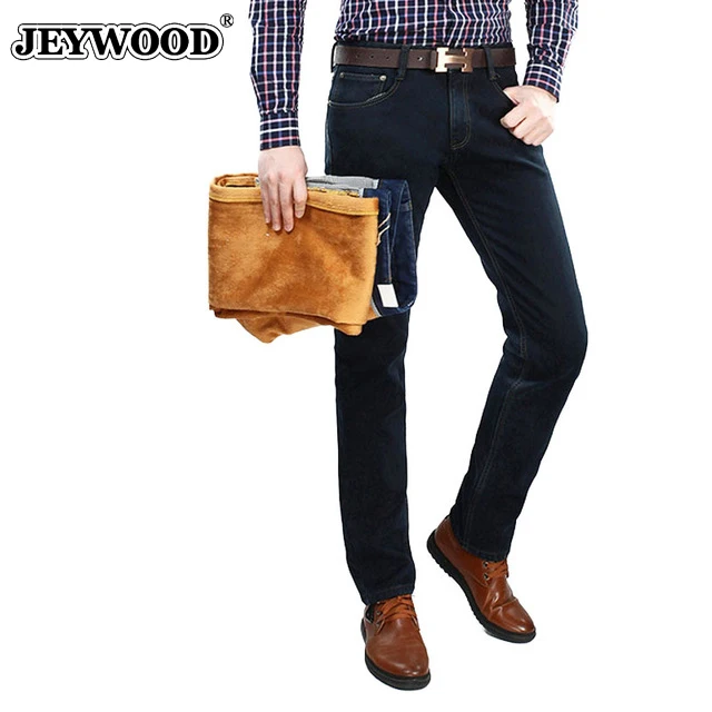 JEYWOOD Mens Winter Fleece Jeans Classic Stretch Warm Flannel Denim Pants Elastic Male Designer Men's Trousers | Мужская одежда