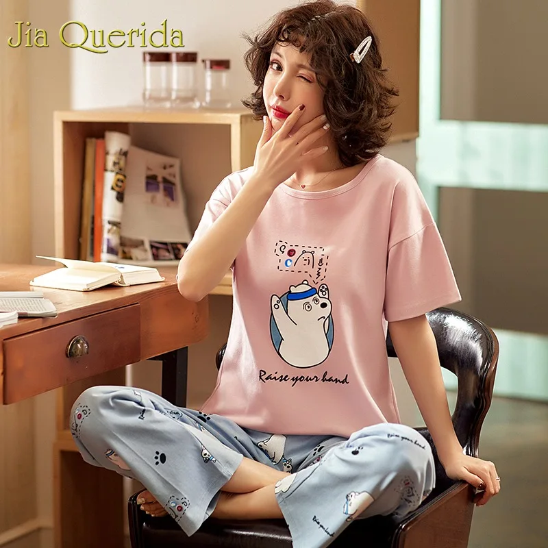 J & Q комплект пижам Женская хлопковая Домашняя одежда 2019 весна лето с короткими