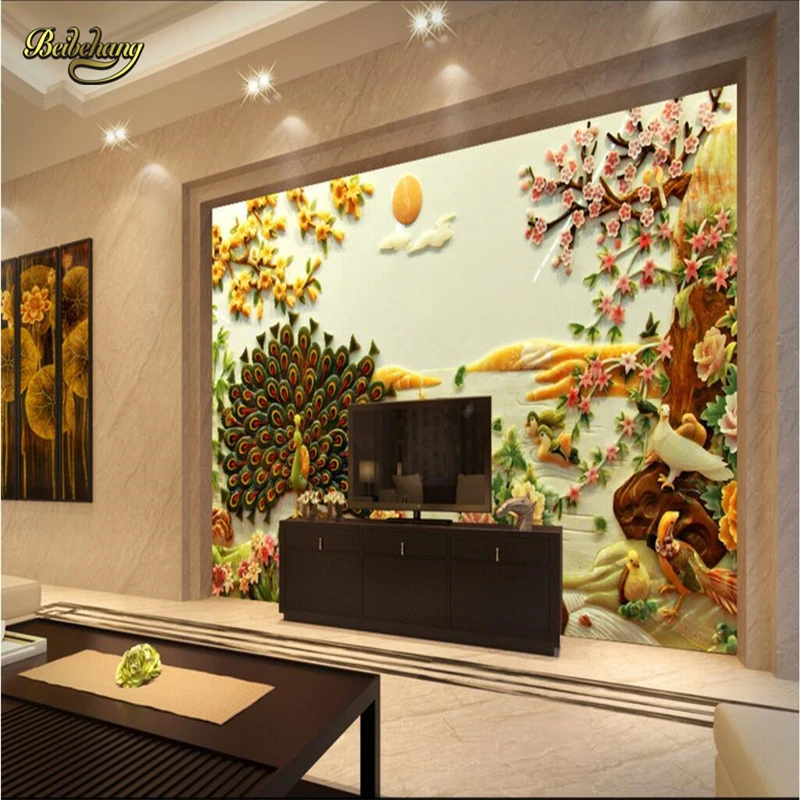 Фотообои beibehang с изображением нефрита резьбы пиона цветов павлина фотообои для