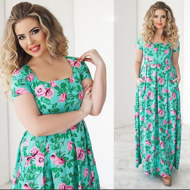 Ybenlow Plus Size Summer Beach Dresses 2017 Floral Printing Turquoise Colors Short Sleeve Pockets Empire Women Long Dress Женская