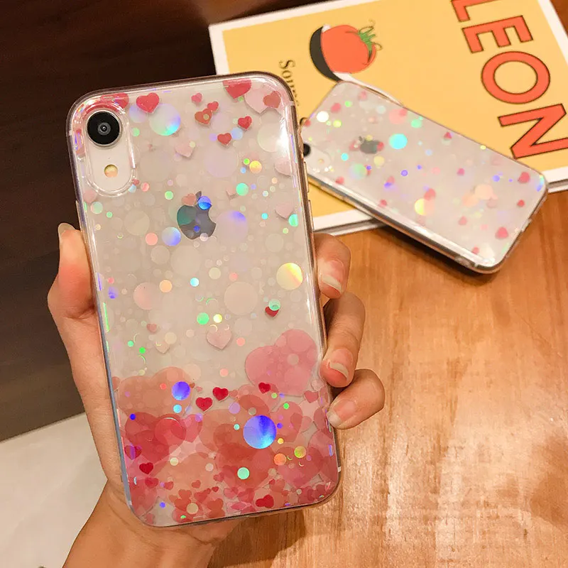 Boucho Colorful Glitter Heart-shaped Phone Case For iphone XS MAX XR X Cases Fashion Soft Cover 7 8 6 6s plus |