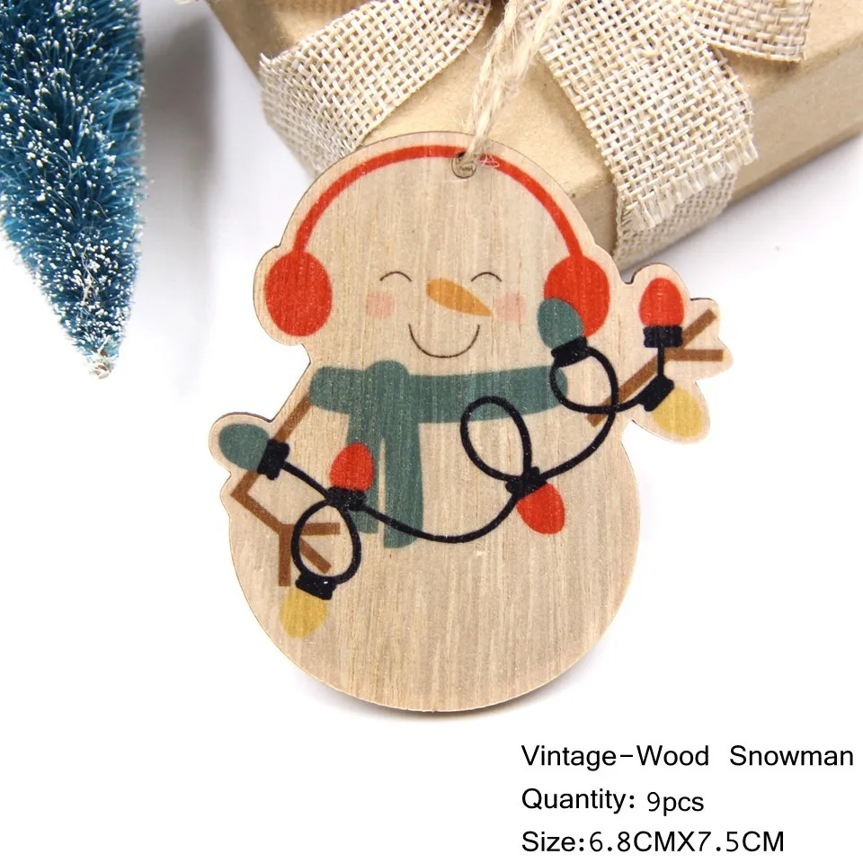 9PCS V-B-Snowman 9 шт мульти напечатанные рождественские деревянные подвески, украшения DIY деревянные поделки Детские Рождественские украшения для подарков елочные украшения - Цвет: 9PCS V-B-Snowman