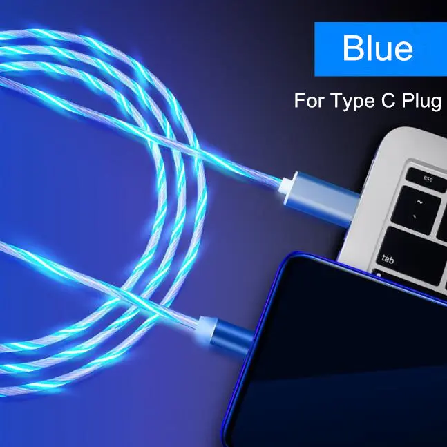 Blue For Type C Цветной светодиодный магнитный кабель для телефона, быстрая зарядка, кабель Micro USB Type C, зарядное устройство для iPhone XS 8, Xiaomi, Samsung, кабель USB C - Цвет: Blue For Type C