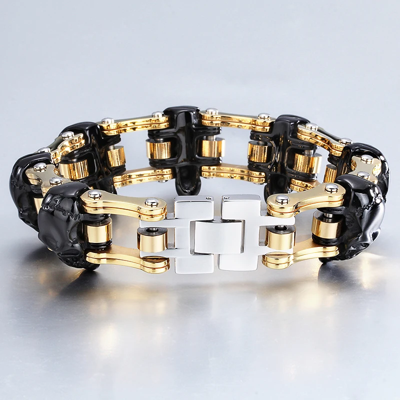 Мужской браслет из нержавеющей стали золотистый Байкерский с черепом аксессуар