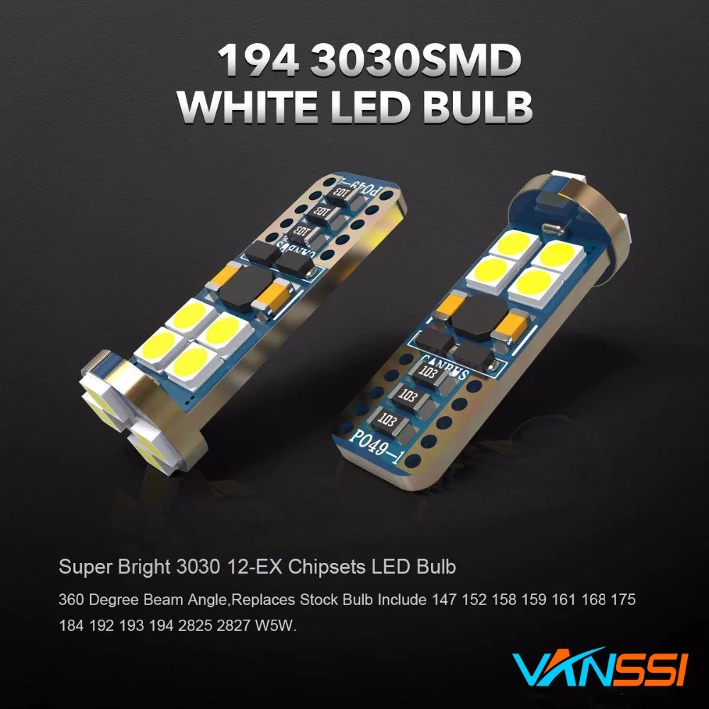 2x6000 К белый T10 194 W5W светодио дный Canbus ОШИБОК 12SMD 3030 автомобилей двери купола Чтение