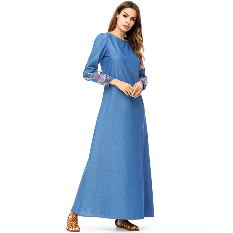 Vintage Fall Women Long Sleeve Jean Dress Muslim Dubai Abaya Corban Jalabiya Islamic Eid Denim Party Embroidery Robe longue |