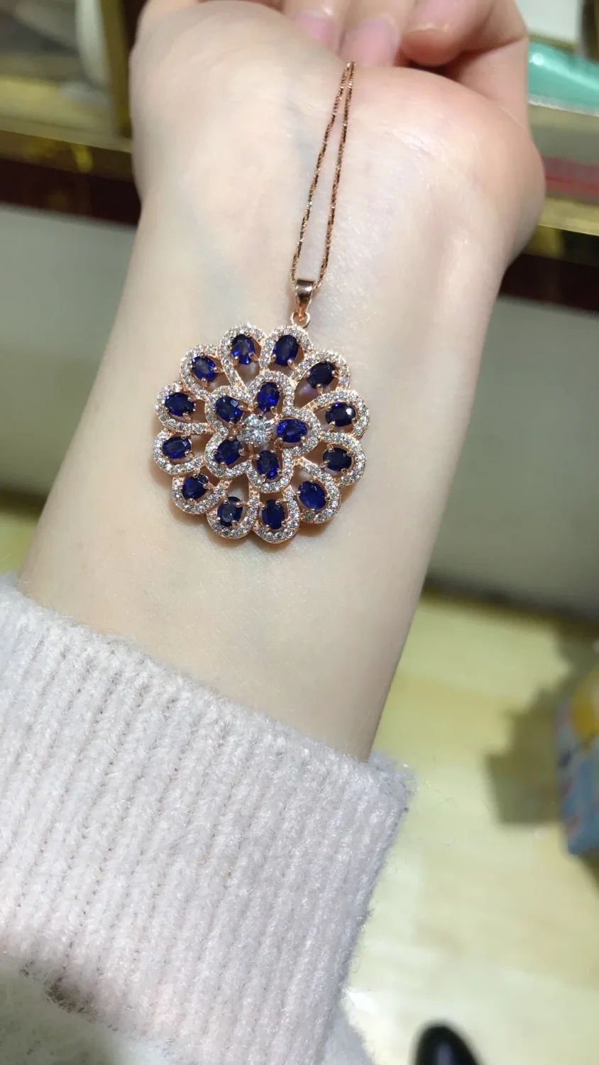 Женский кулон из серебра 925 пробы с натуральным голубым сапфиром|silver round|jewelry