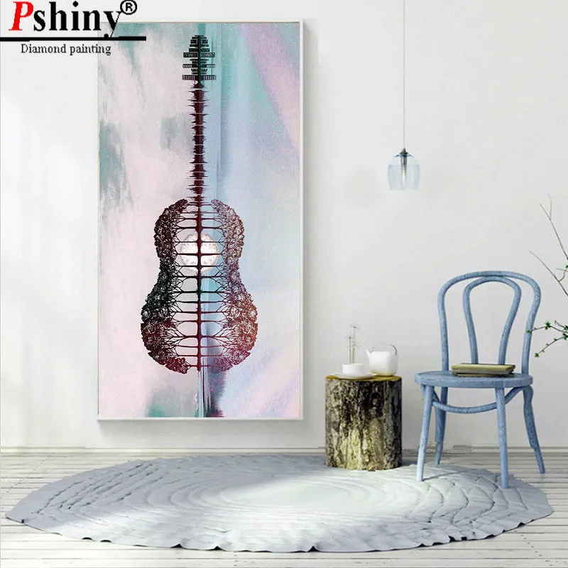 PSHINY Новый DIY 5D алмазная картина полная дрель Круглая Мозаика лес гитара декорации
