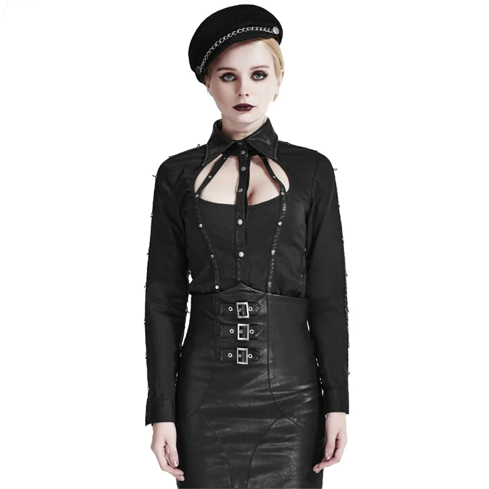 Женская рубашка с высоким воротом черная хлопковая длинным рукавом в полоску|women