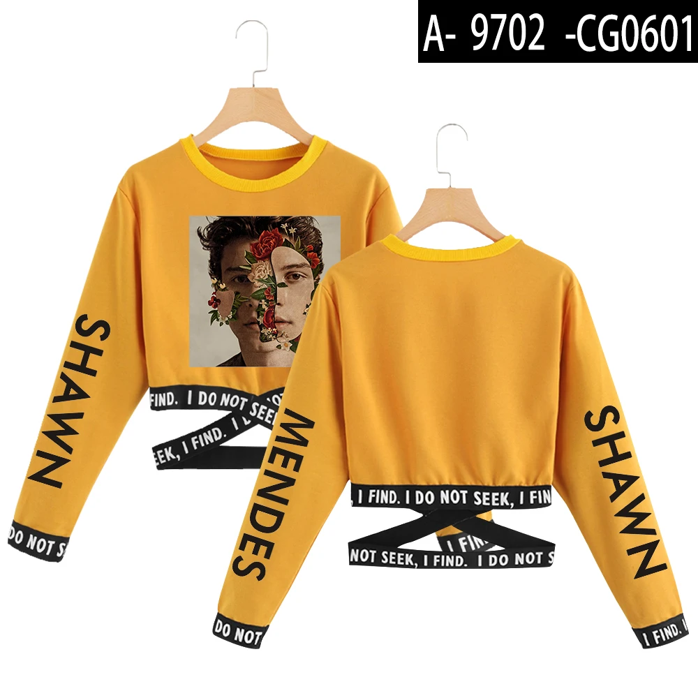 shawn mendes футболка певца знаменитая звезда летняя футболка короткий топ Женская одежда кружева с длинным рукавом модные топы уличная одежда - Цвет: Yellow