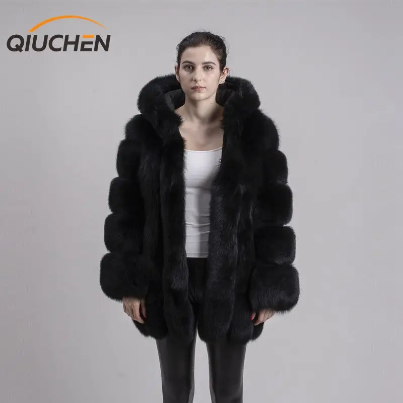 QIUCHEN PJ8149 новая модель женская шуба из натурального Лисьего меха с длинным рукавом пальто с капюшоном gebuine костюм лисы Высокое качество