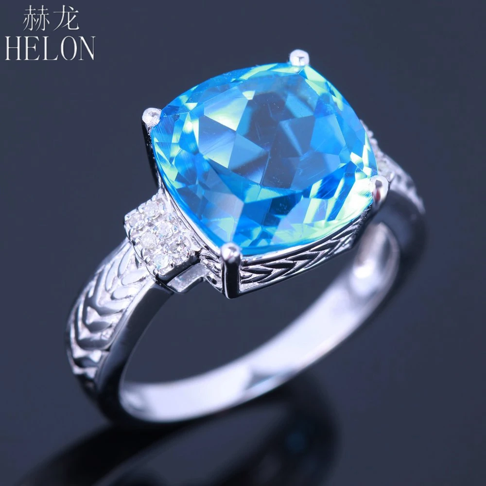 HELON Solid 14K белое золото безупречная огранка 4.88CT Природный Голубой топаз& Алмаз обручальное свадебное женское старинное Ювелирное кольцо