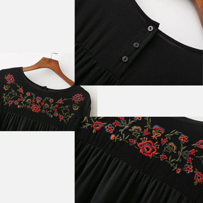 Новые Моды для Женщин Урожай Цветочные Вышивка Свободные Плиссе Dress Plack Фонарь