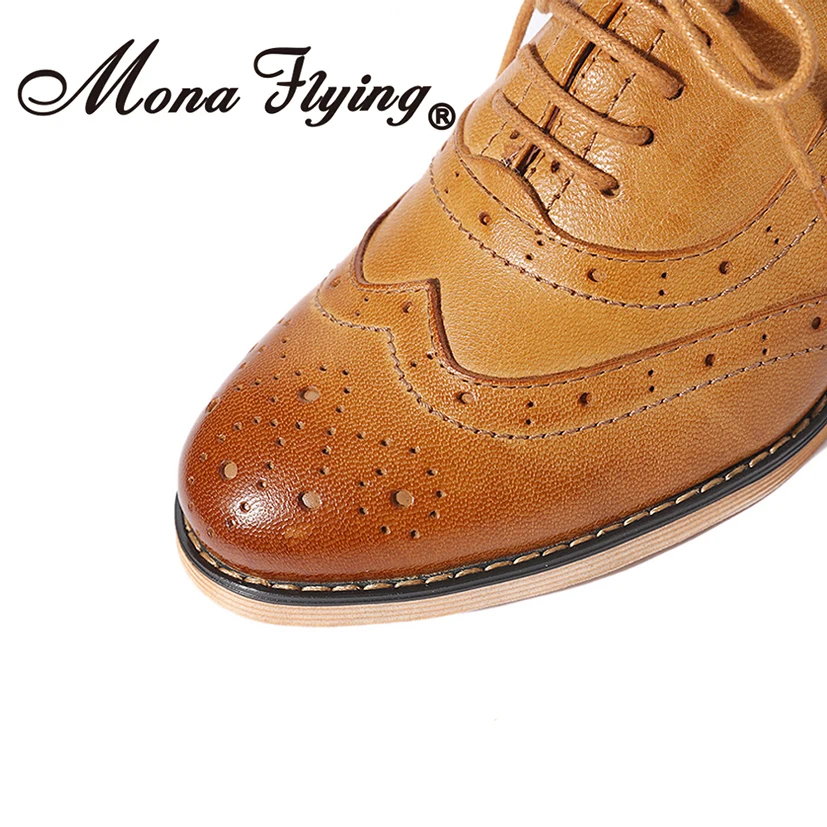 Mona Flying/женские кожаные оксфорды; стильные перфорированные броги на плоской подошве; женская обувь на шнуровке; A068-1