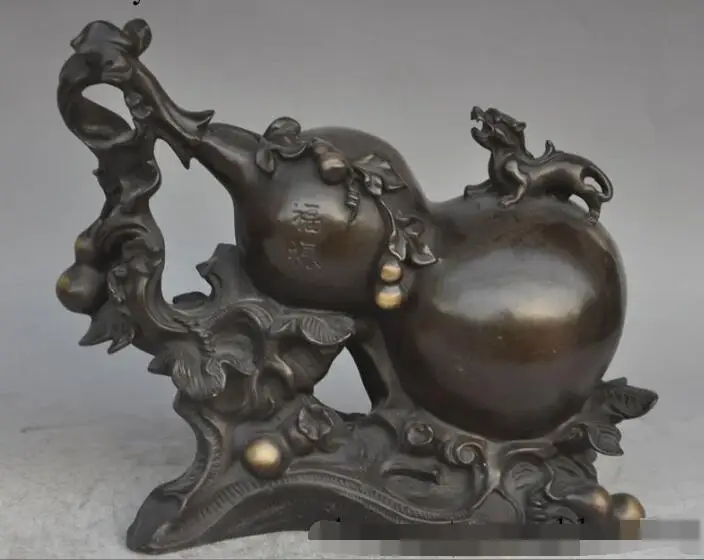 

S01756 11"chinese fengshui bronze Calabash Gourd Cucurbit foo dog beast lucky fu statue