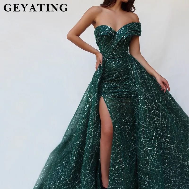 same as picture Saudi Arabic Green Длинные Вечерние платья Русалка сексуальные платья с открытыми плечами и разрезом по бокам вечерние платья со съемной юбкой - Цвет: same as picture