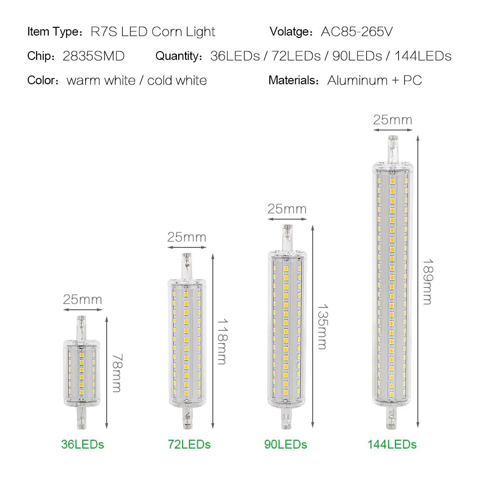 2018 лампа R7S LED Кукуруза 2835 SMD 78 мм 118 135 189 свет 5 Вт 10 12 15 замена галогенная AC 85-265 в