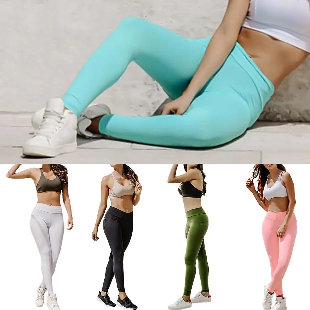 Для женщин Сплошной Цвет карман штаны для йоги Спортивные Леггинсы Tight Фитнес