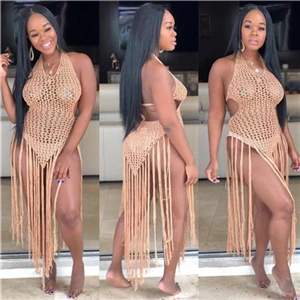 khaki dress Adogirl, ручная вязка, ажурное, длинное, с кисточками, летнее пляжное платье, модное, сексуальное, с открытой спиной, макси платье, Женская туника, купальники, наряды - Цвет: khaki dress