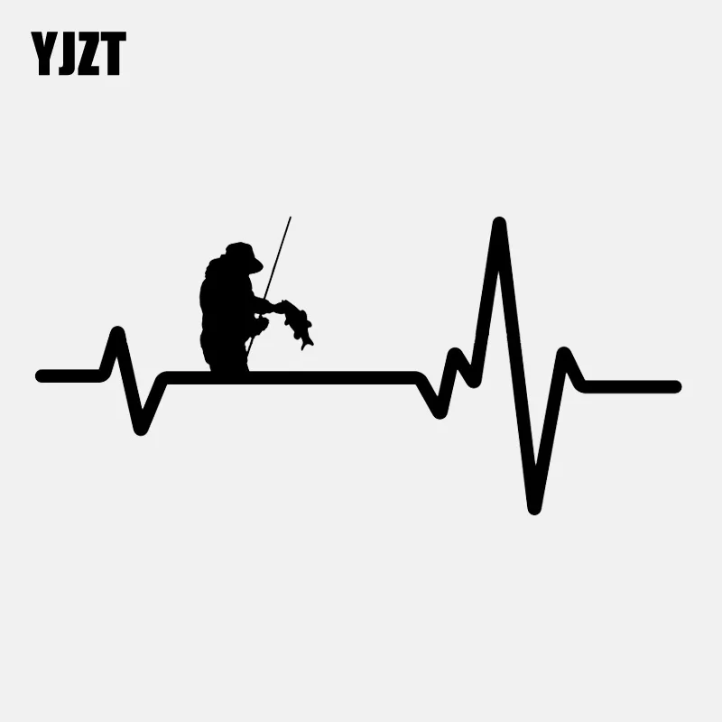 

YJZT 16.6CM*7.7CM FISHING Fisherman Holding Fish Heartbeat Vinyl Black/Silver Car Sticker C22-1209