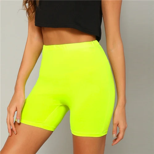 Цвет: желтый SHEIN Solid Cycling High Waist Leggings Women Athleisure Crop Fitness Leggings Summer Ladies Casual Workout Leggings - Цвет: Цвет: желтый