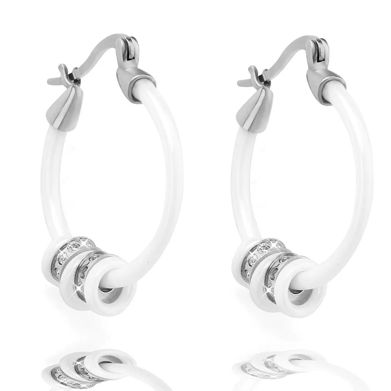 Серьги кольца женские керамические с фианитом AAA Комплект сережек в стиле