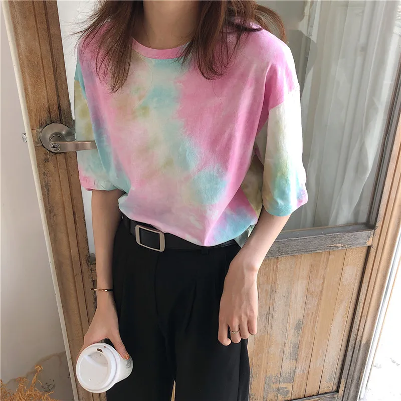 CBAFU tie dye футболка женская летняя топ Корейская одежда Повседневная Свободная футболка femme ulzang топы с принтом Лоскутная футболка D559