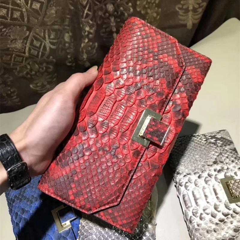 

Fashion Serpentine Designer Genuine Python Leather Women Envelop Hand Bag Female Card Case Real Snakeskin Lady Thin Clutch Purse