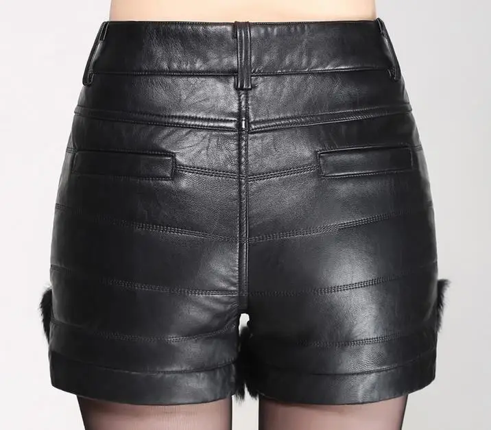 

High waist plus size pu leather shorts women straight leather female fur