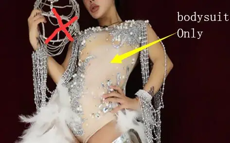 Bodysuit Only Бар ночной клуб DJ женский певец костюм серебряные Стразы Бисероплетение боди перо со шлейфом танцевальный наряд танцор сексуальная сценическая одежда - Цвет: Bodysuit Only