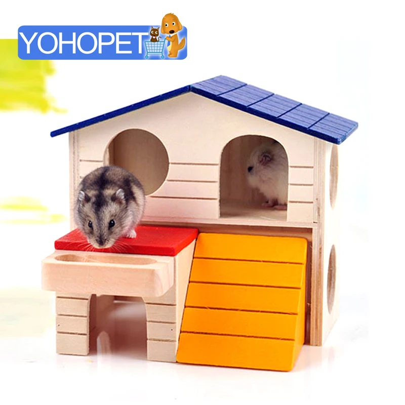 

New Arrival Small Pet Luxury Log Cabin Wooden Hamster House/cage/nest Double Room Golden Bear Small Pet House Cage Small Animal