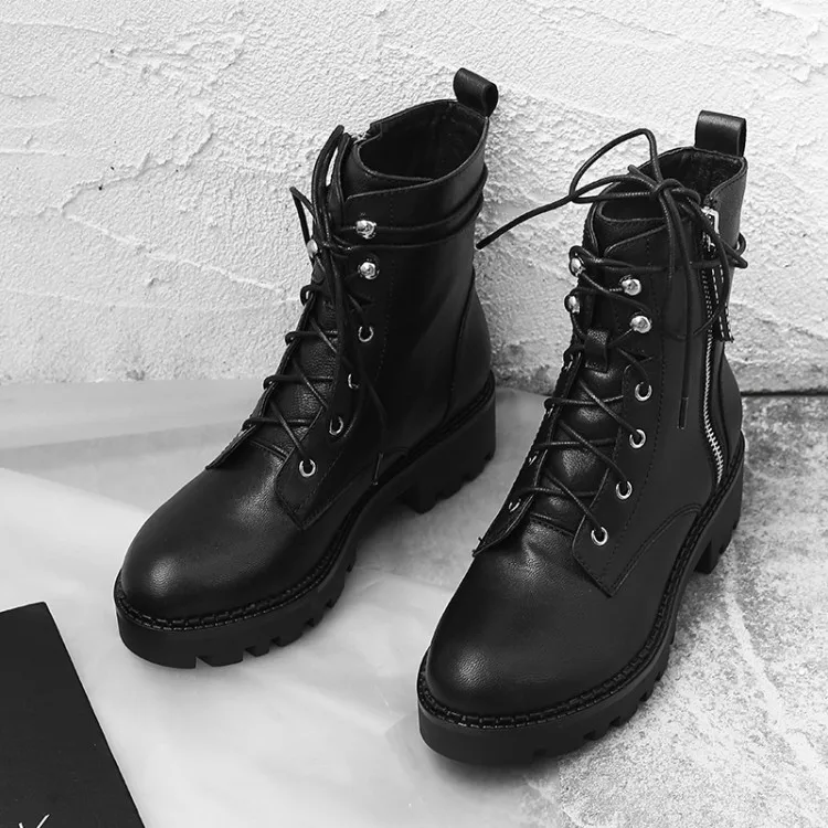 Женские ботильоны из натуральной кожи с круглым носком на шнуровке|Женские