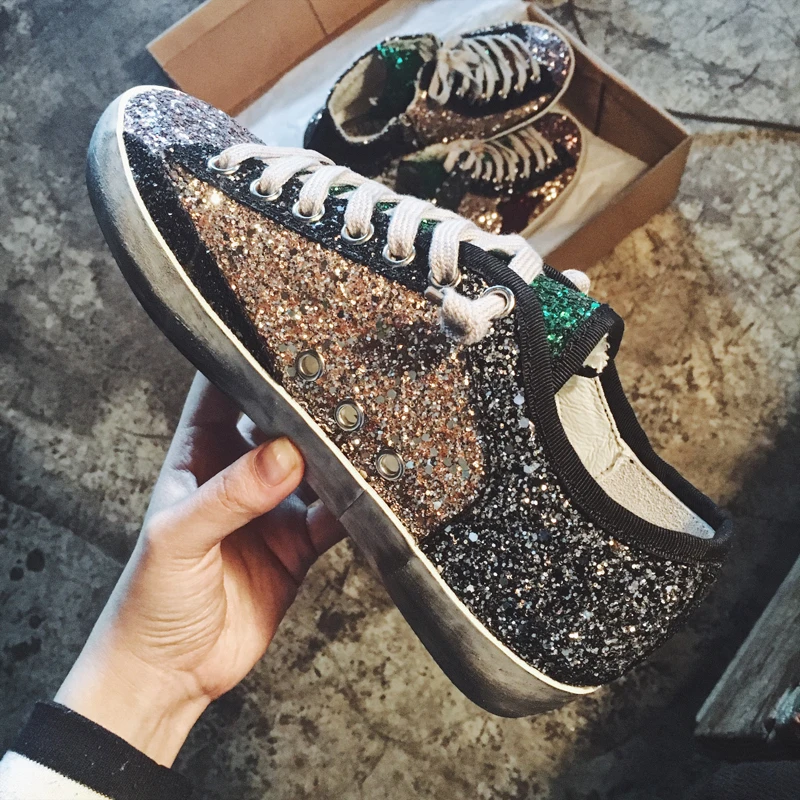 Women Casual Shoes Genuine Leather Do Old Dirty High Top Sneakers Mixed Color Sequins Fashion Golden Superstar | Обувь