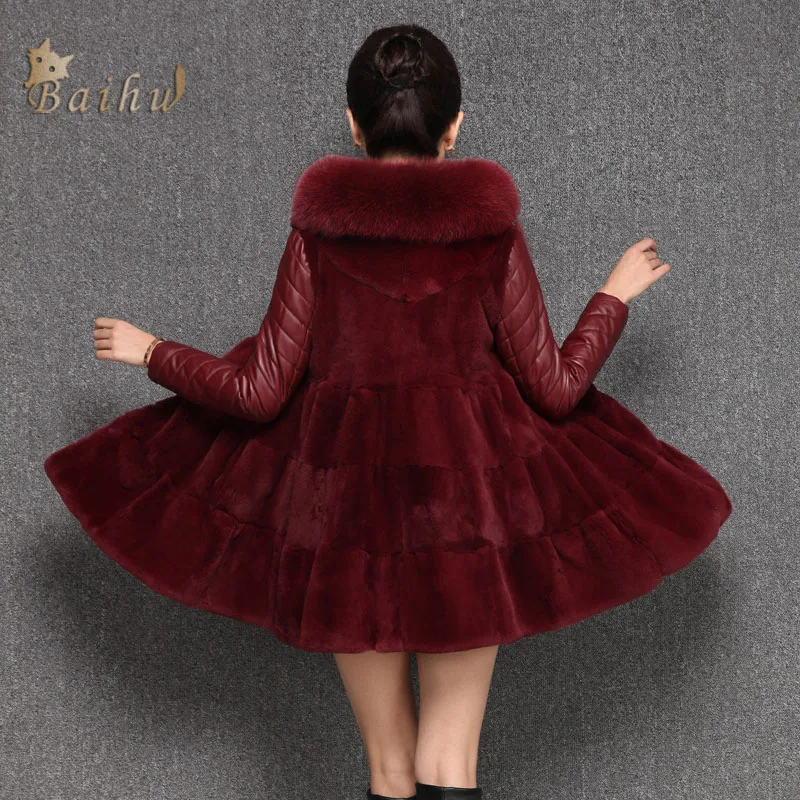 Женский пуховик из кроличьей шкуры Rex кожаная одежда средней длины с лисьим мехом