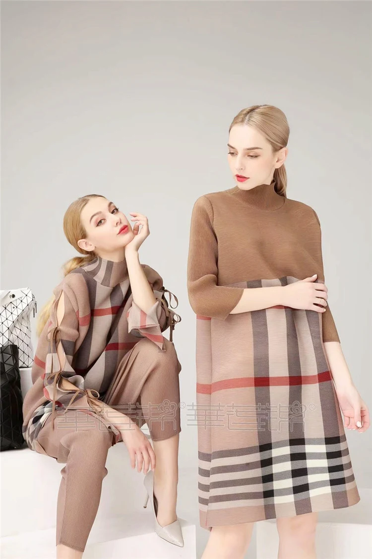 Miyake модное плиссированное платье с рукавом три четверти в стиле пэчворк с высоким воротником
