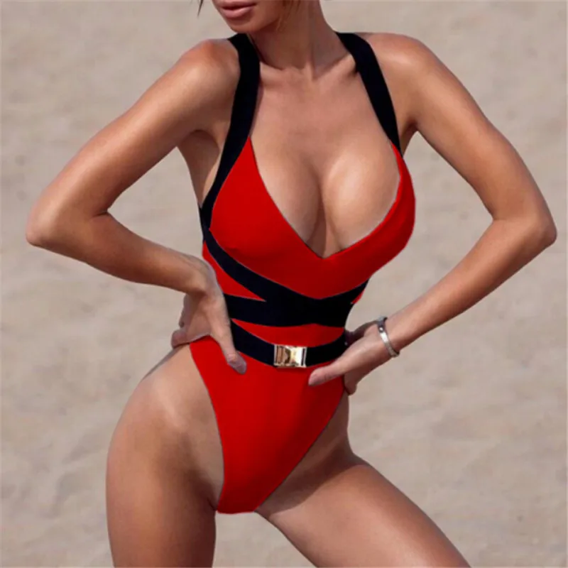 

2019 Sexy One Piece Swimsuit Women V Neck Bandage Monokini Solid Color Swimwear Women Bathing Suits Push Up Padded Swimming Suit
