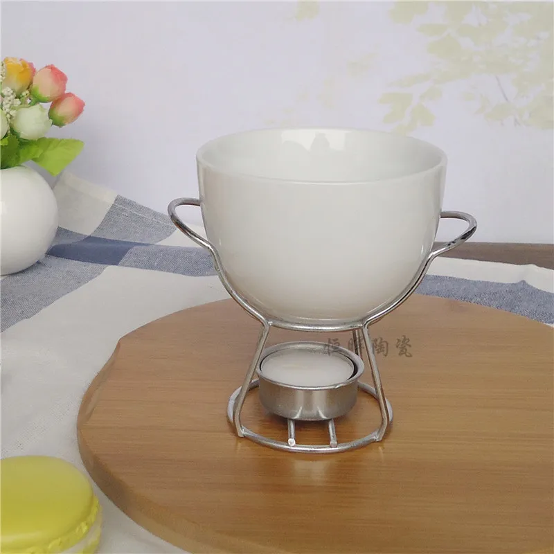 Ceramic Cheese fondue set cheese warmer chocolate pot on a metal stand
