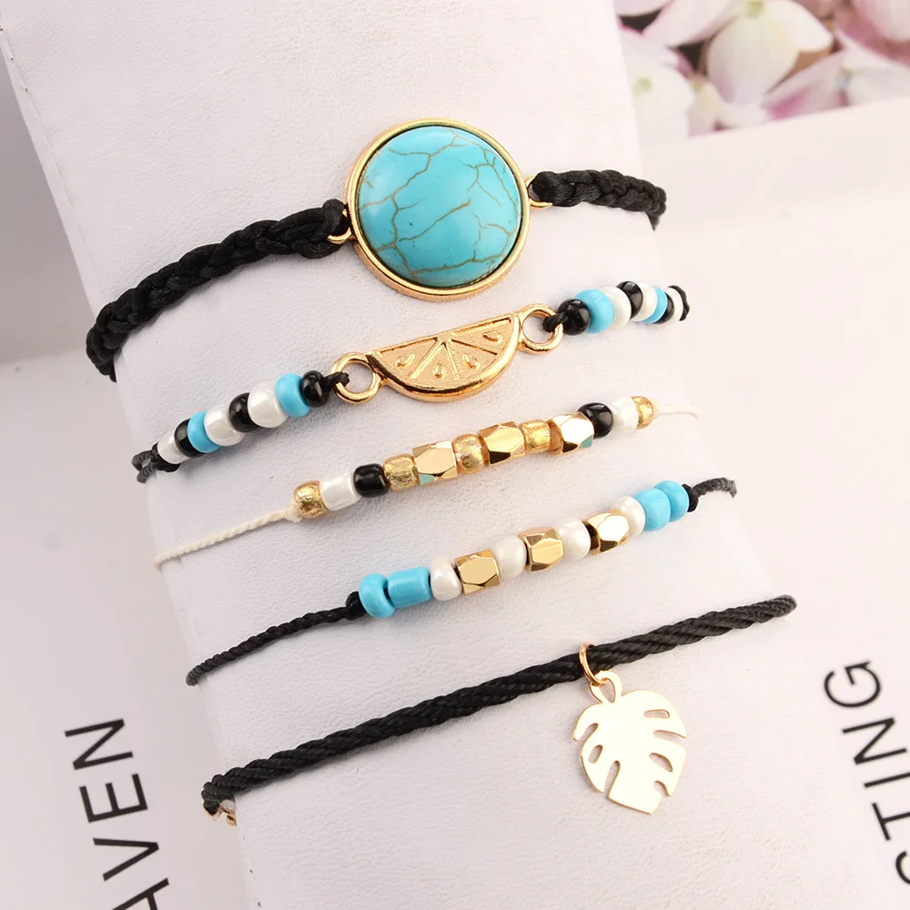 Crazy Feng винтажный Шарм бисер браслеты наборы натуральный камень лист подвеска