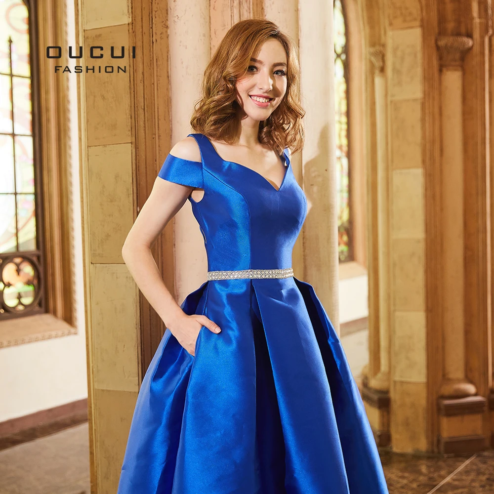 Вечерние платья Oucui с кристаллами Королевского синего цвета Длинное Элегантное