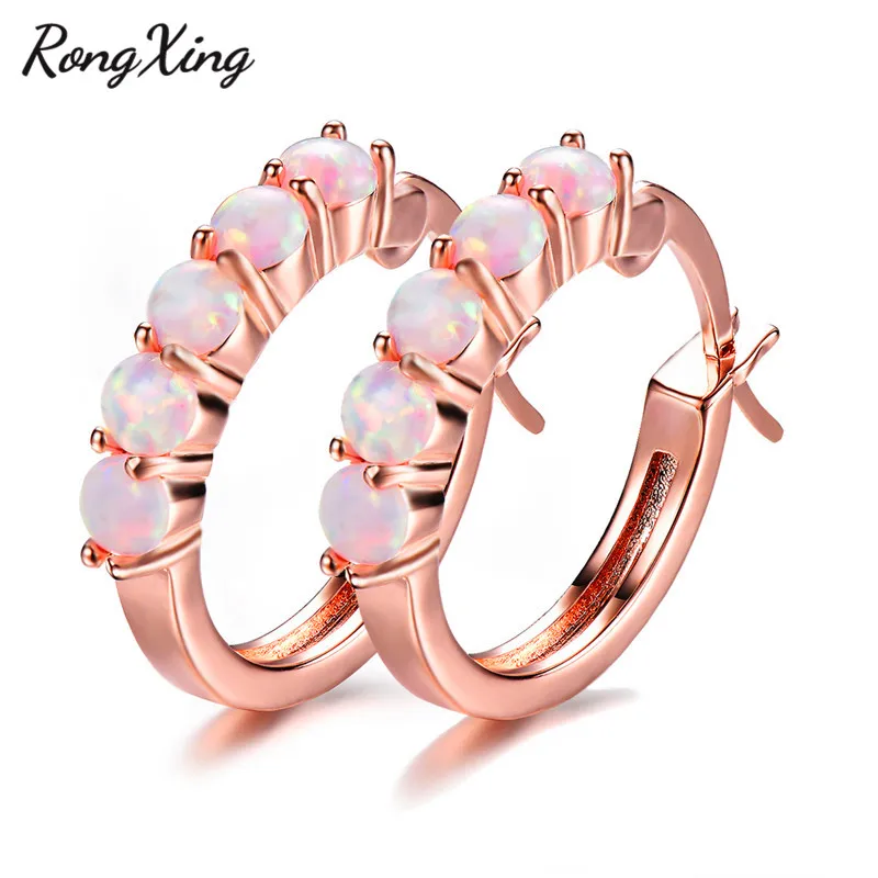 White Opal Earrings RongXing Синий/Белый огненный опал, розовое золото, серьги-кольца для женщин, Ретро стиль, модные серьги с камнем, женские свадебные ювелирные изделия, подарки - Окраска металла: White Opal Earrings