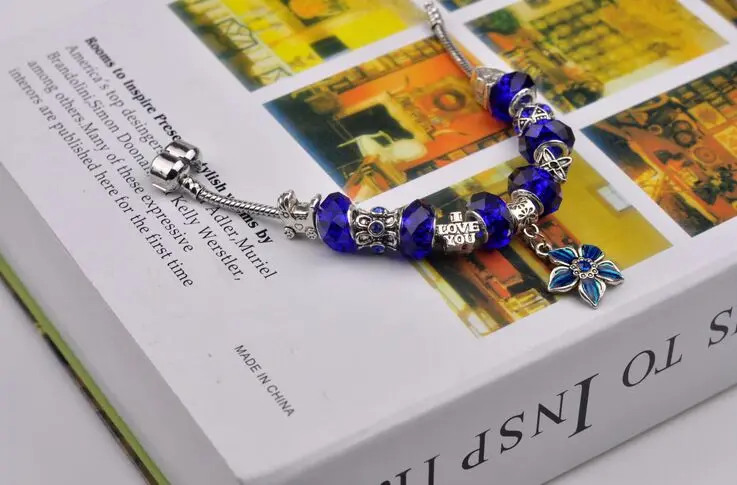 2018 Blue Fashion Flower Glass Crystal Beads Charm Bracelet For Women Silver Plated Chaveiro Bracelets & Bangles Pulsera Jewelry |