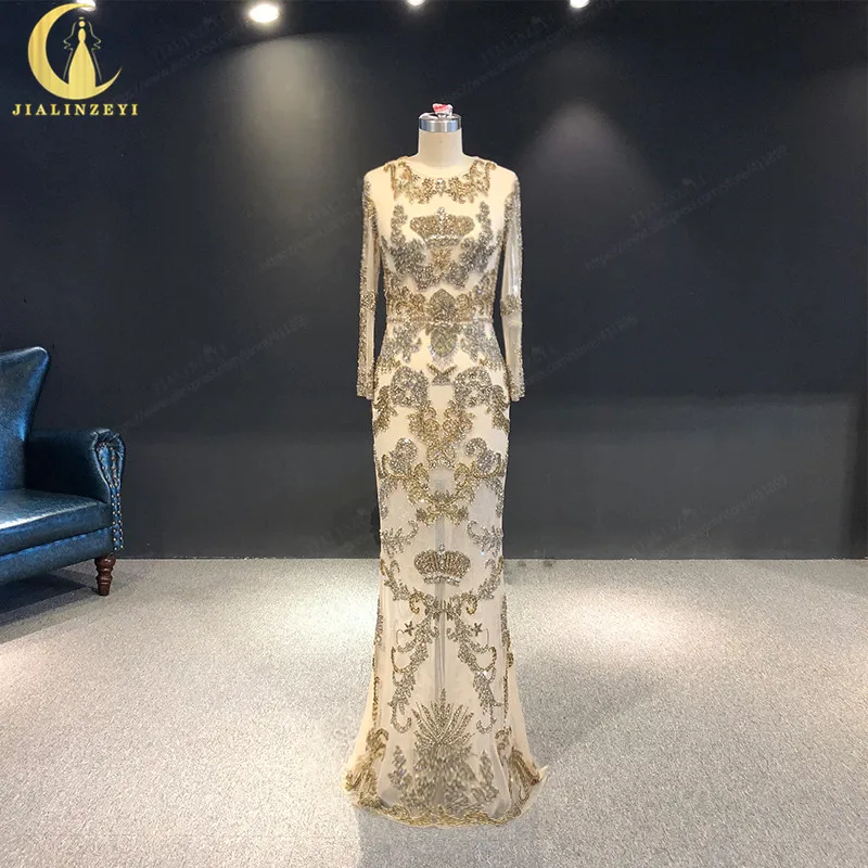 JIALINZEYi С Длинным Рукавом Elie saab Роскошные бусы Кристалл Русалка Длина до пола