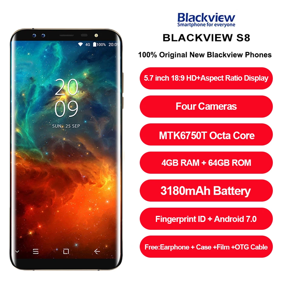 Blackview S8 4 камеры смартфона 5." 18:9 соотношение сторон Бесконечность Экран 4 ГБ+ 64 ГБ MTK6750T Восьмиядерный отпечатков пальцев 4 г мобильного телефона