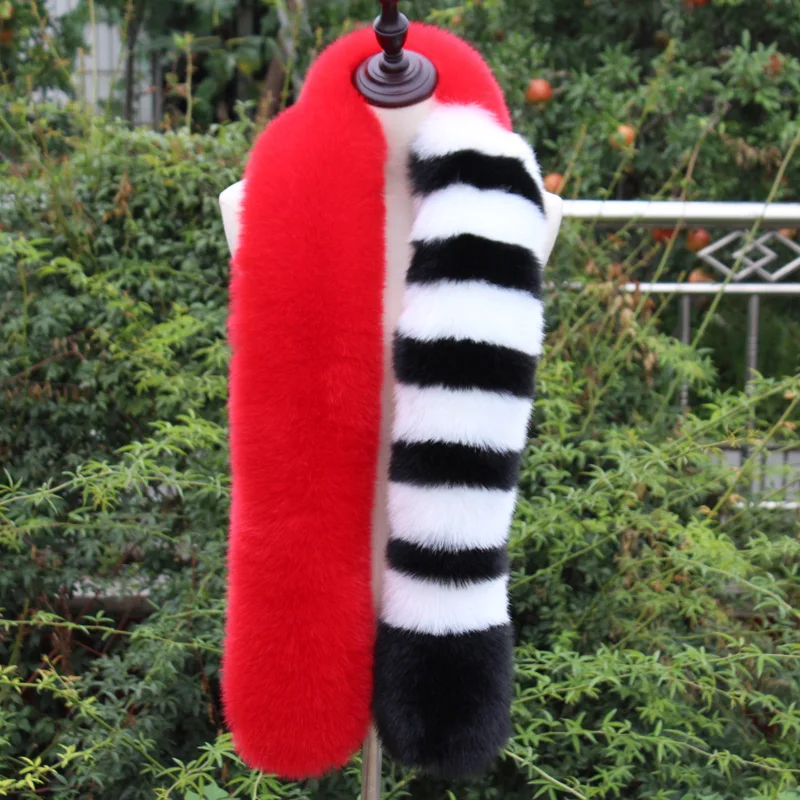 Женский блестящий длинный полосатый меховой шарф в стиле пэчворк зимний из