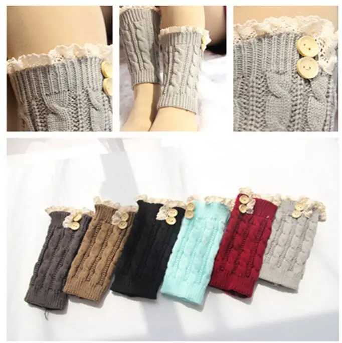 2016 Women short Knitted twist button Boot Cuffs Laced Trim Toppers Socks leg warmers Crochet booty Gaiters 24pairs/lot #3869