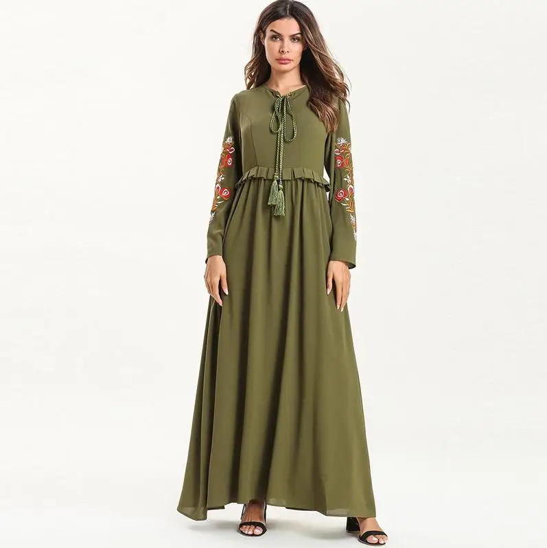 Army green dress Вышитый Кафтан абайя индейка халат Дубайский хиджаб мусульманское платье джилбаб Рамадан эльбисе абайя s женский кафтан марокаин мусульманская одежда - Цвет: Army green dress