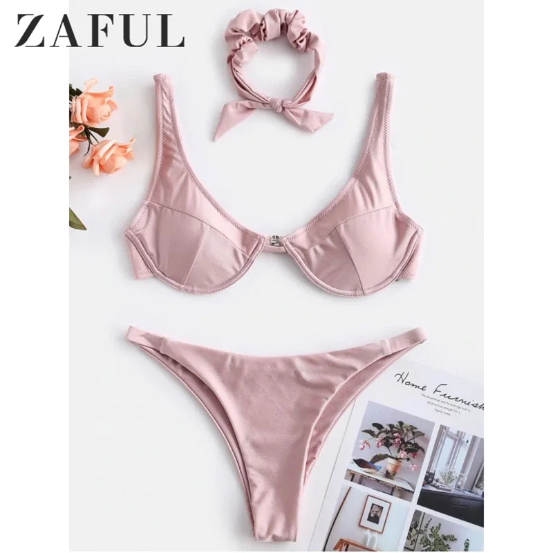 ZAFUL блестящее бикини с высоким вырезом комплект однотонные купальник для женщин