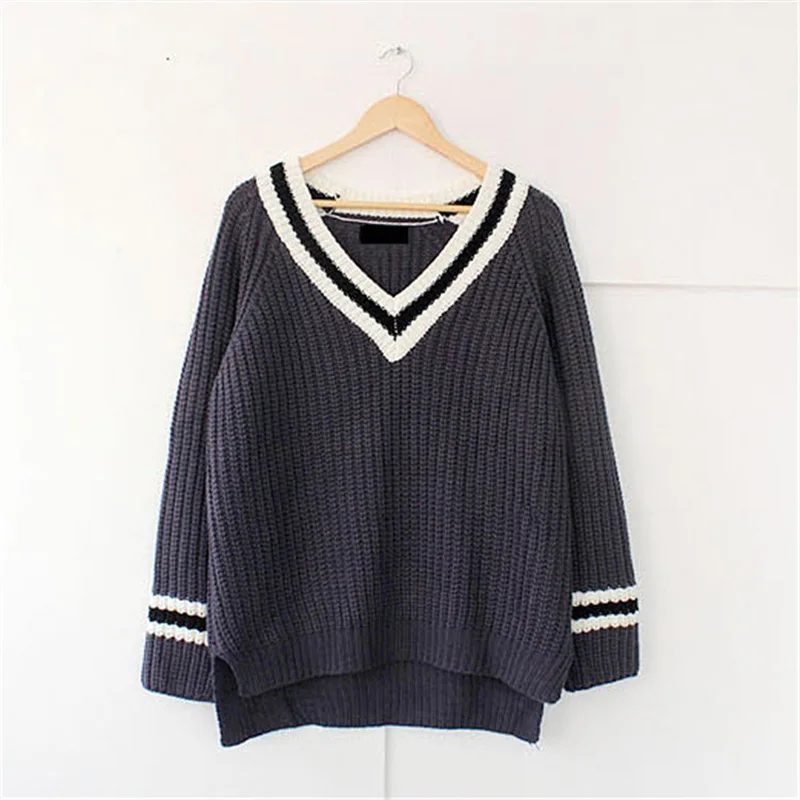 Winter women Retro Leisure Thick needle loose Hit color V-neck long sleeve Pullovers knitted sweater for girls | Женская одежда