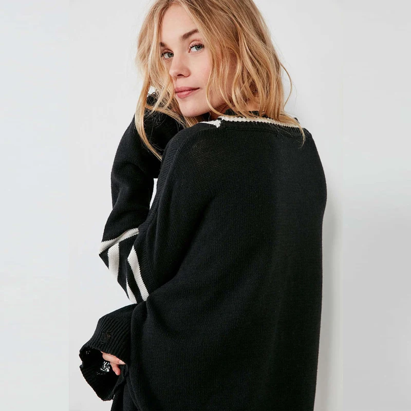 Одежда черно-белый цвет блок Свитеры для женщин Для глубокий v-образным вырезом