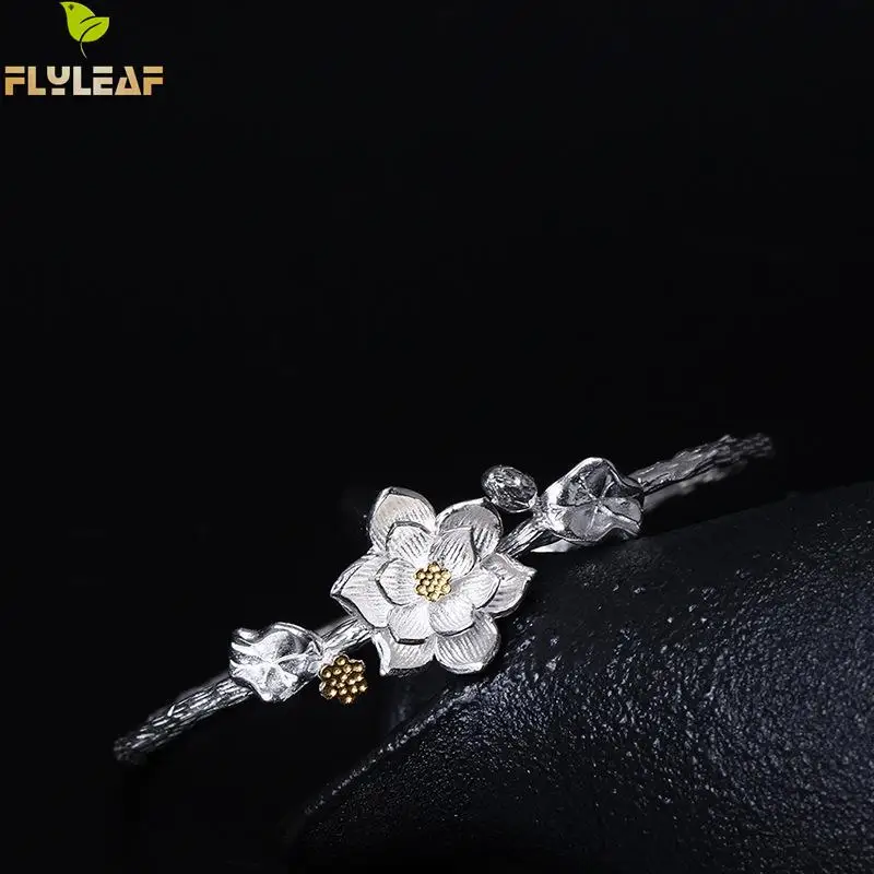 Женский Открытый браслет с цветами лотоса винтажное ювелирное изделие ручного